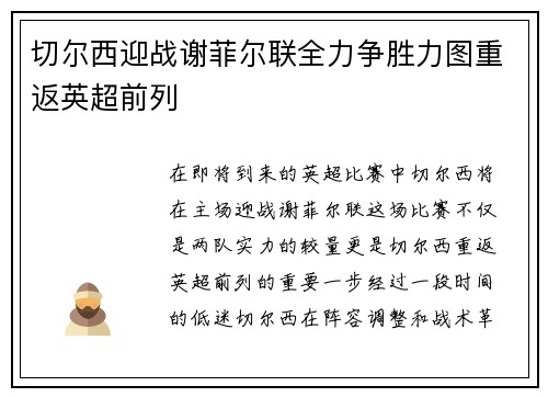 切尔西迎战谢菲尔联全力争胜力图重返英超前列 切尔西迎战谢菲尔联全力争胜力图重返英超前列